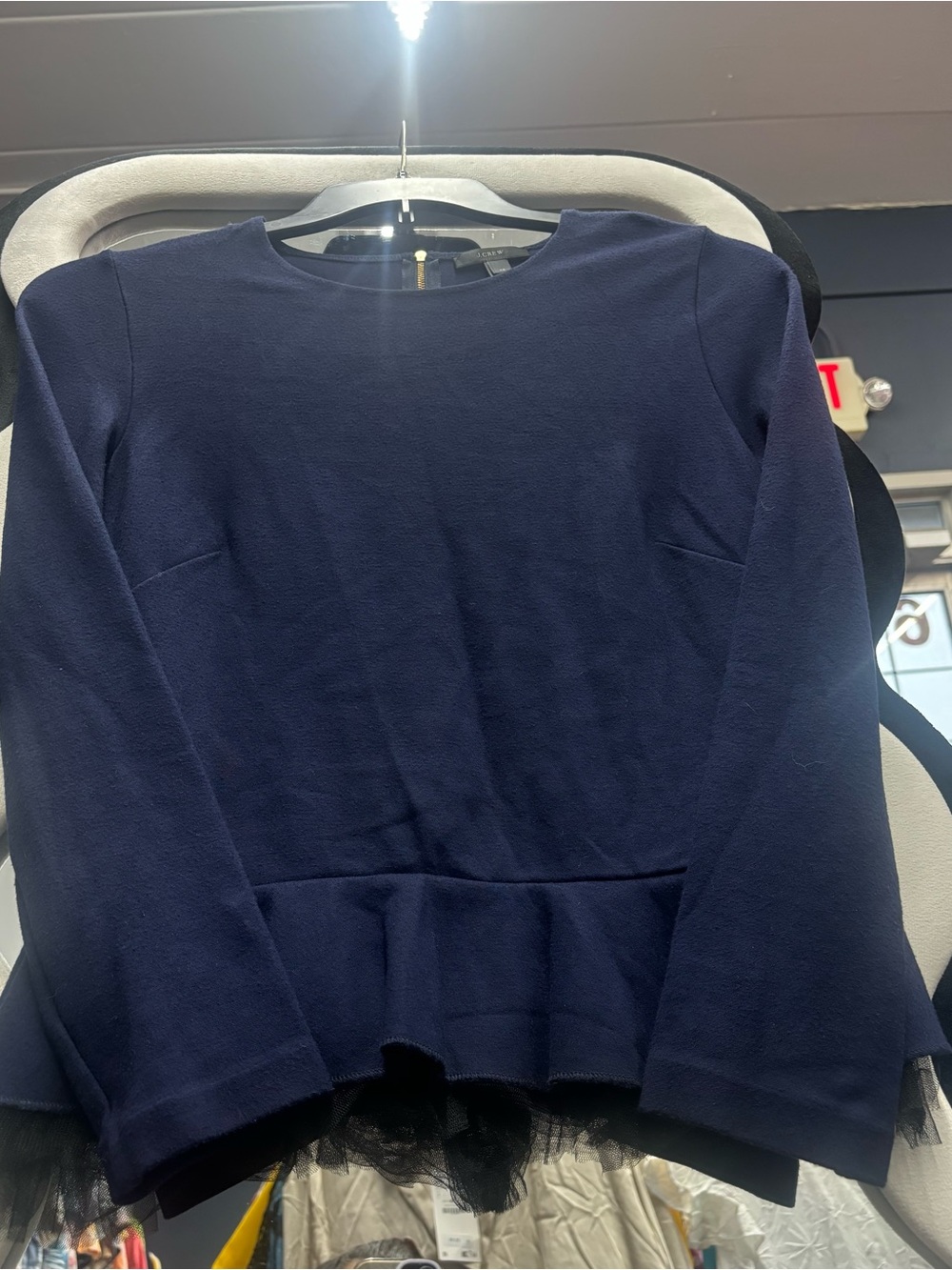 J CREW,Navy Long-Sleeve Peplum Top with Tulle Hem - Picture 3 of 5